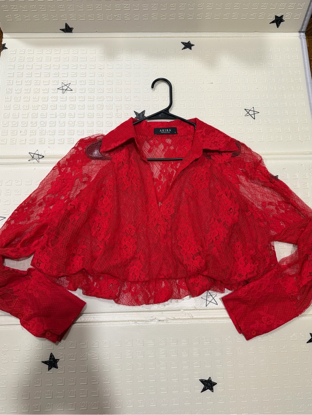 AKIRA Red Sheer Lace Cropped Button-Up Blouse